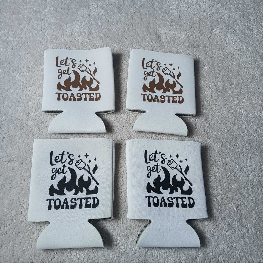New Can Koozie lot of 4 "Lets Get Toasted" Camping Silver, Black, Brown